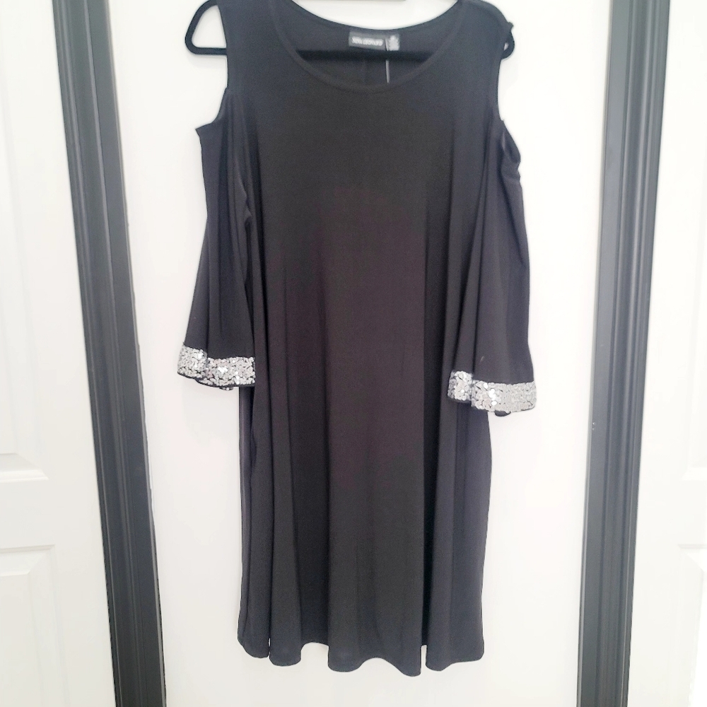 NWT Nina Leonard 2X Black Sequin Cold Shoulder Dress Cocktail Party Glam Evening - Picture 4 of 17
